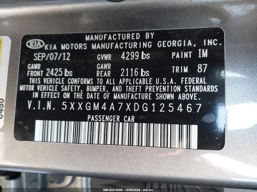 2013 Kia Optima Lx VIN: 5XXGM4A7XDG125467 Lot: 43418306