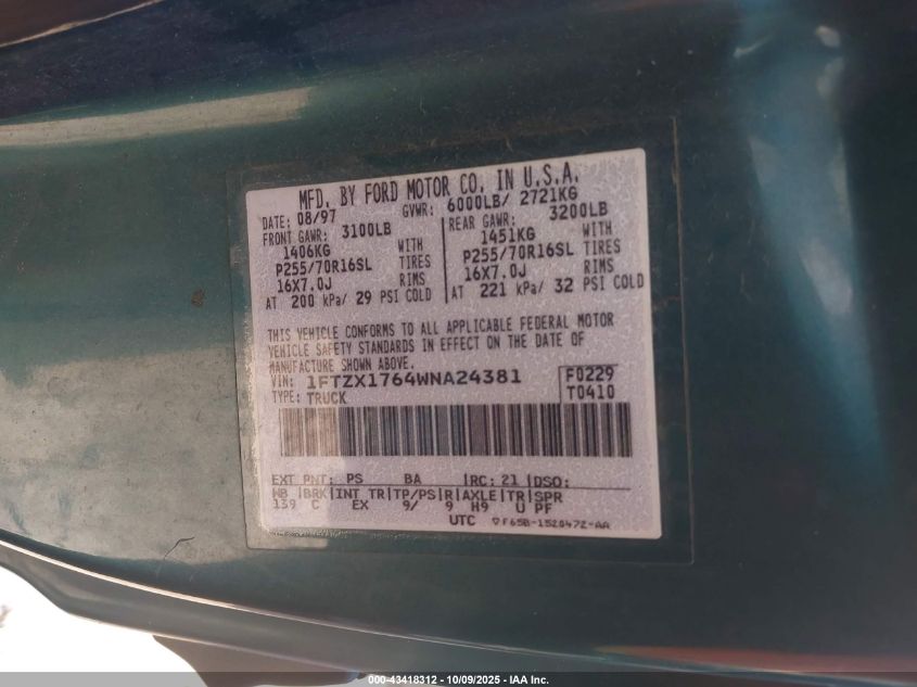 1998 Ford F-150 Lariat/Standard/Xl/Xlt VIN: 1FTZX1764WNA24381 Lot: 43418312