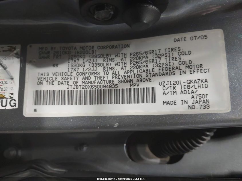 2005 Lexus Gx 470 VIN: JTJBT20X650094835 Lot: 43418315