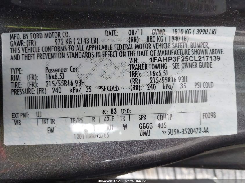 2012 Ford Focus Se VIN: 1FAHP3F25CL217139 Lot: 43418317