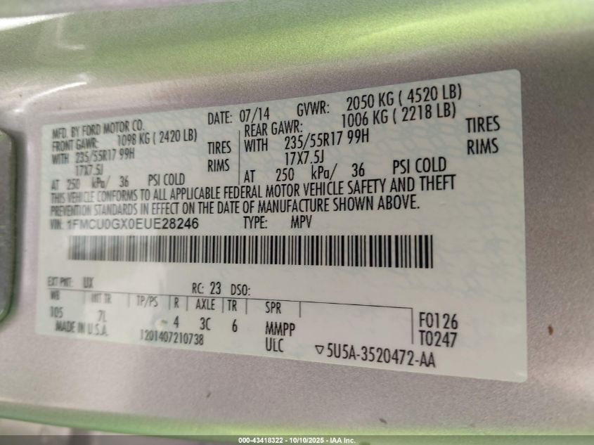 2014 Ford Escape Se VIN: 1FMCU0GX0EUE28246 Lot: 43418322