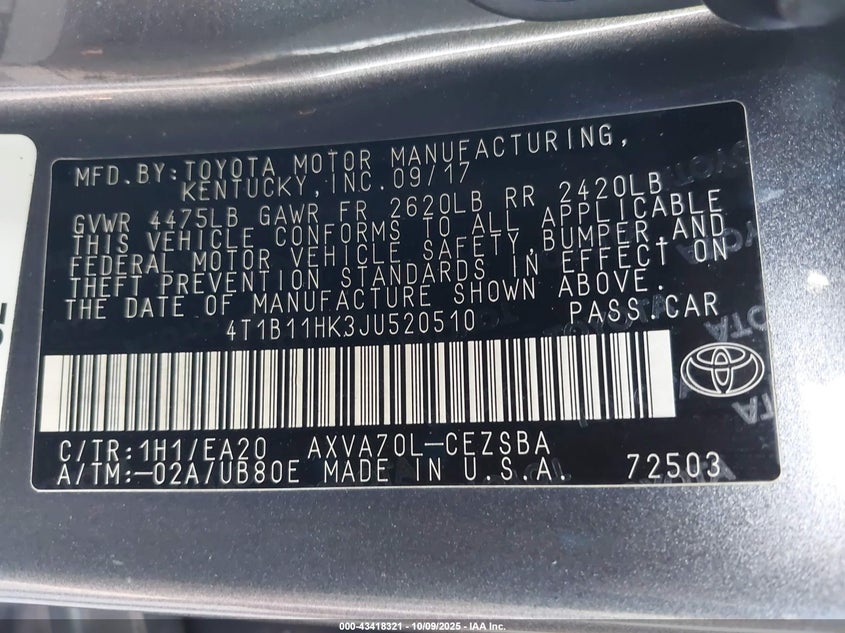 2018 Toyota Camry Se VIN: 4T1B11HK3JU520510 Lot: 43418321