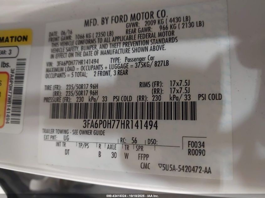 2017 Ford Fusion Se VIN: 3FA6P0H77HR141494 Lot: 43418324