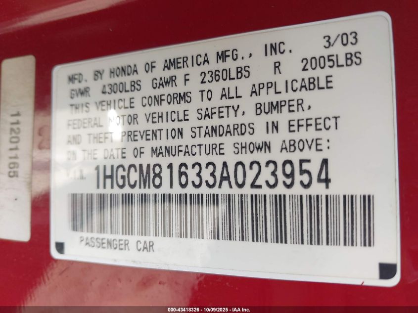 2003 Honda Accord 3.0 Ex VIN: 1HGCM81633A023954 Lot: 43418326