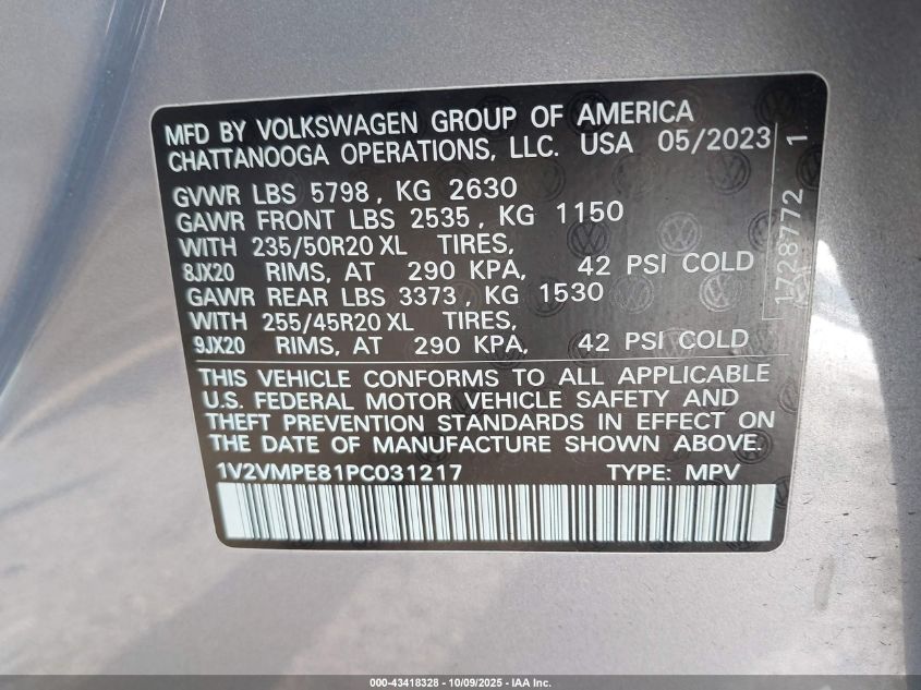 2023 Volkswagen Id.4 Pro/Pro S VIN: 1V2VMPE81PC031217 Lot: 43418328