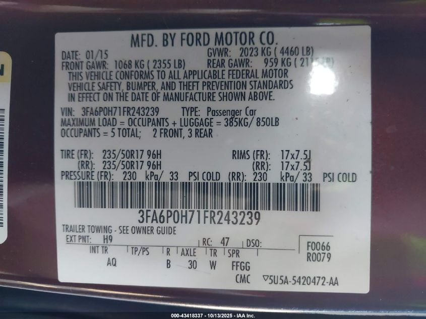 2015 Ford Fusion Se VIN: 3FA6P0H71FR243239 Lot: 43418337