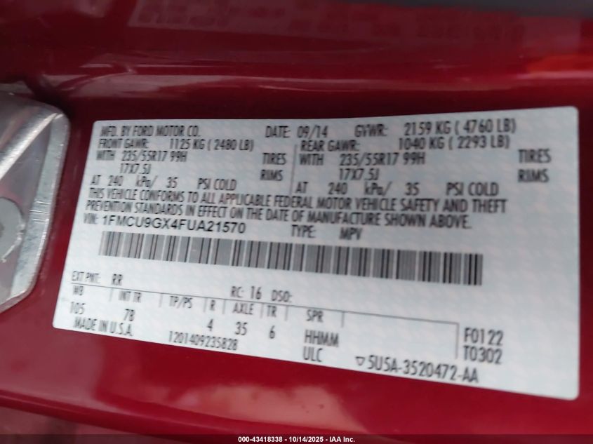 2015 Ford Escape Se VIN: 1FMCU9GX4FUA21570 Lot: 43418338