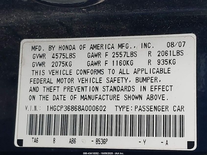 2008 Honda Accord 3.5 Ex-L VIN: 1HGCP36868A000602 Lot: 43418352