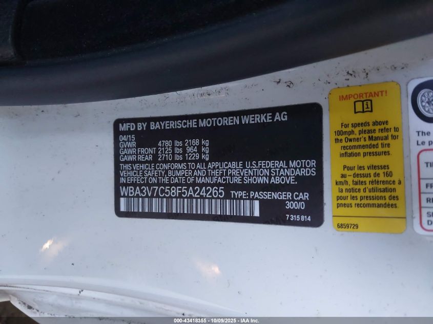 2015 BMW 428I VIN: WBA3V7C58F5A24265 Lot: 43418355