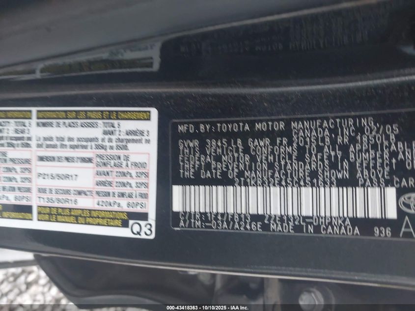 2005 Toyota Matrix Xr VIN: 2T1KR32E45C451633 Lot: 43418363