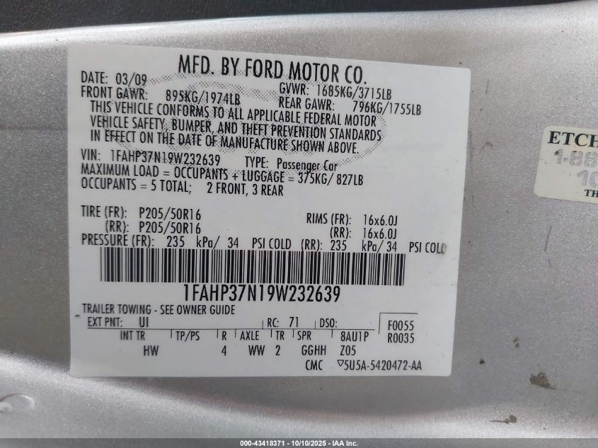 2009 Ford Focus Sel VIN: 1FAHP37N19W232639 Lot: 43418371