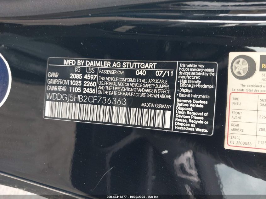 2012 Mercedes-Benz C 350 Sport VIN: WDDGJ5HB2CF736363 Lot: 43418377