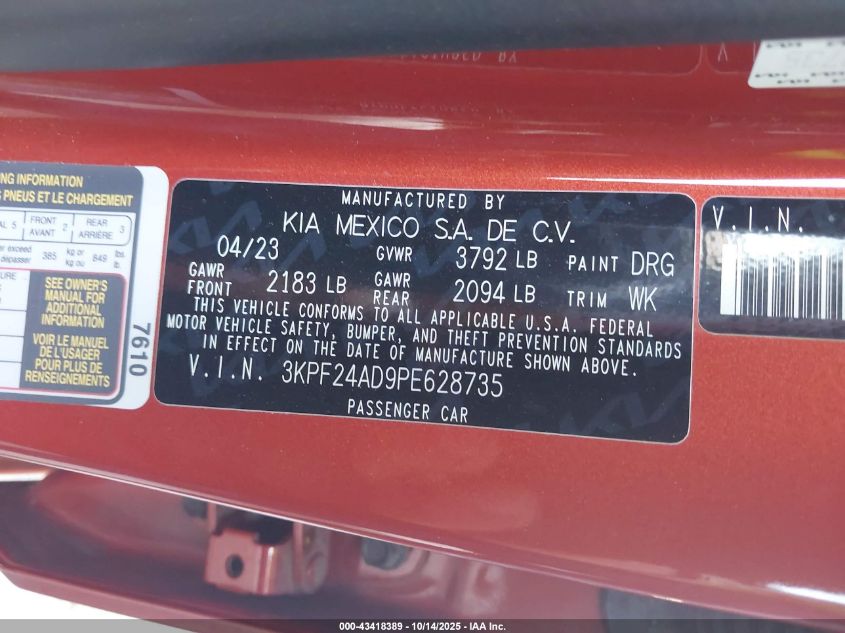2023 Kia Forte Lxs VIN: 3KPF24AD9PE628735 Lot: 43418389