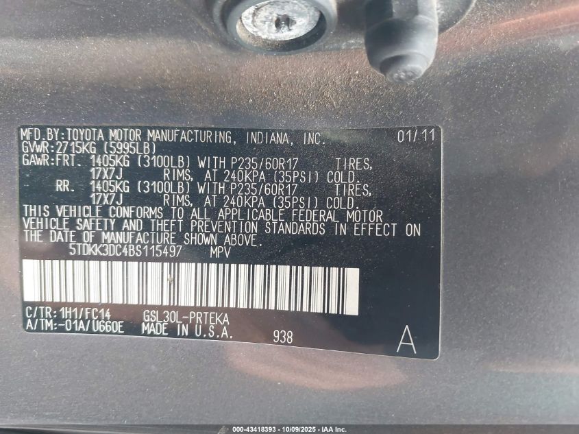 2011 Toyota Sienna Le V6 VIN: 5TDKK3DC4BS115497 Lot: 43418393