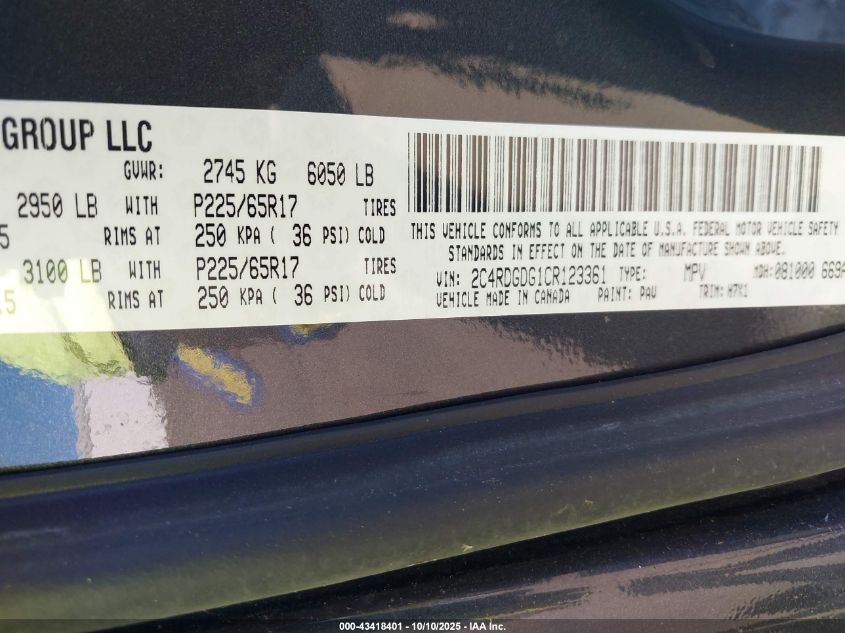 2012 Dodge Grand Caravan Crew VIN: 2C4RDGDG1CR123361 Lot: 43418401