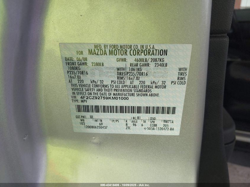 2009 Mazda Tribute I Grand Touring VIN: 4F2CZ92759KM01000 Lot: 43418406