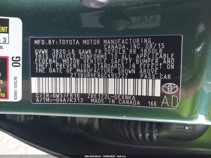 2016 Toyota Corolla Le Plus VIN: 2T1BURHE8GC495727 Lot: 43418410