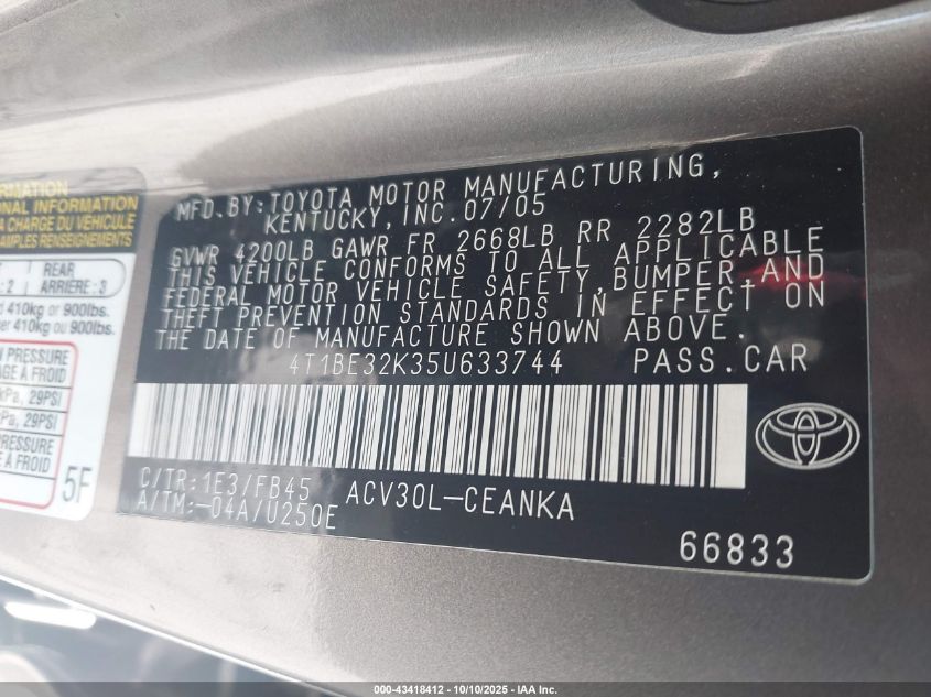 2005 Toyota Camry Le/Xle/Se VIN: 4T1BE32K35U633744 Lot: 43418412