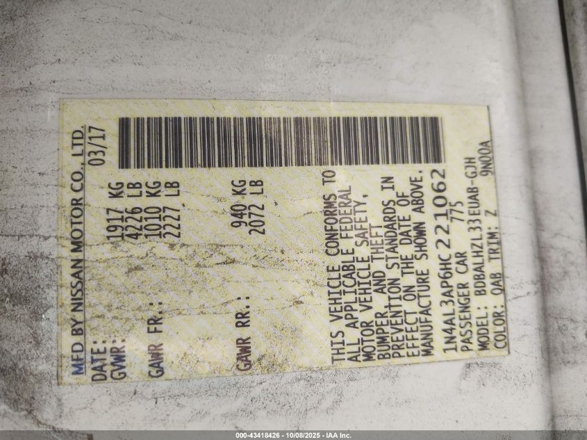 2017 Nissan Altima 2.5 Sr VIN: 1N4AL3AP6HC221062 Lot: 43418426