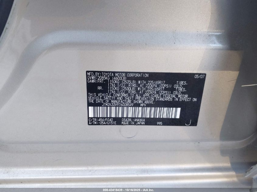 2007 Toyota Rav4 Base V6 VIN: JTMZK33V976008549 Lot: 43418439