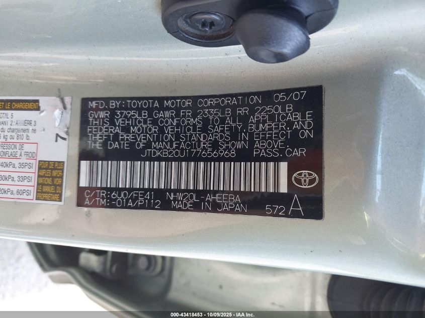 2007 Toyota Prius VIN: JTDKB20U177656968 Lot: 43418453