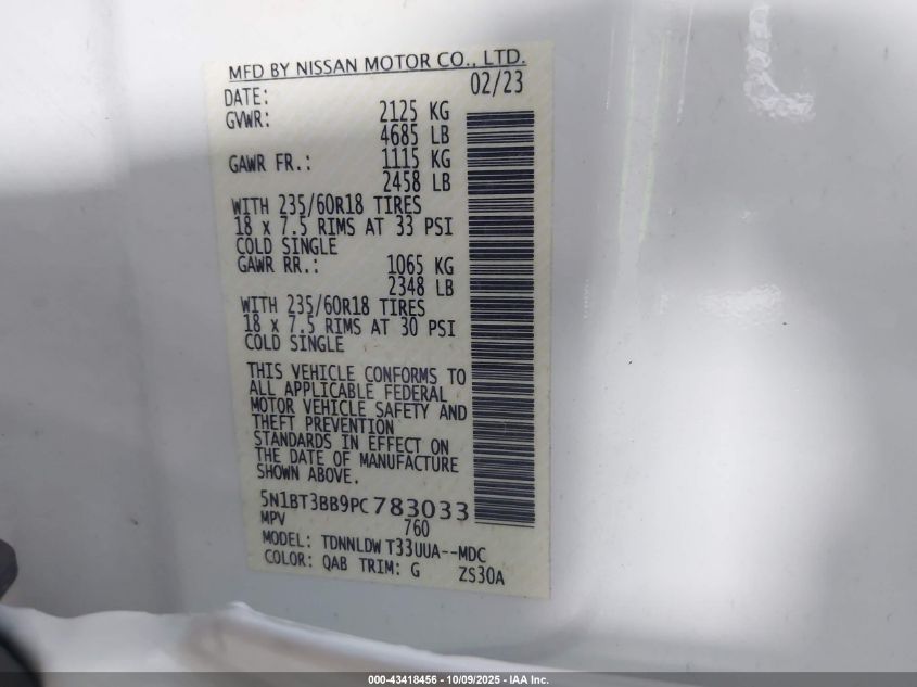 2023 Nissan Rogue Sv Intelligent Awd VIN: 5N1BT3BB9PC783033 Lot: 43418456