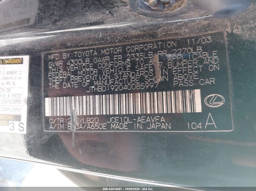 2004 Lexus Is 300 VIN: JTHBD192040085997 Lot: 43418457