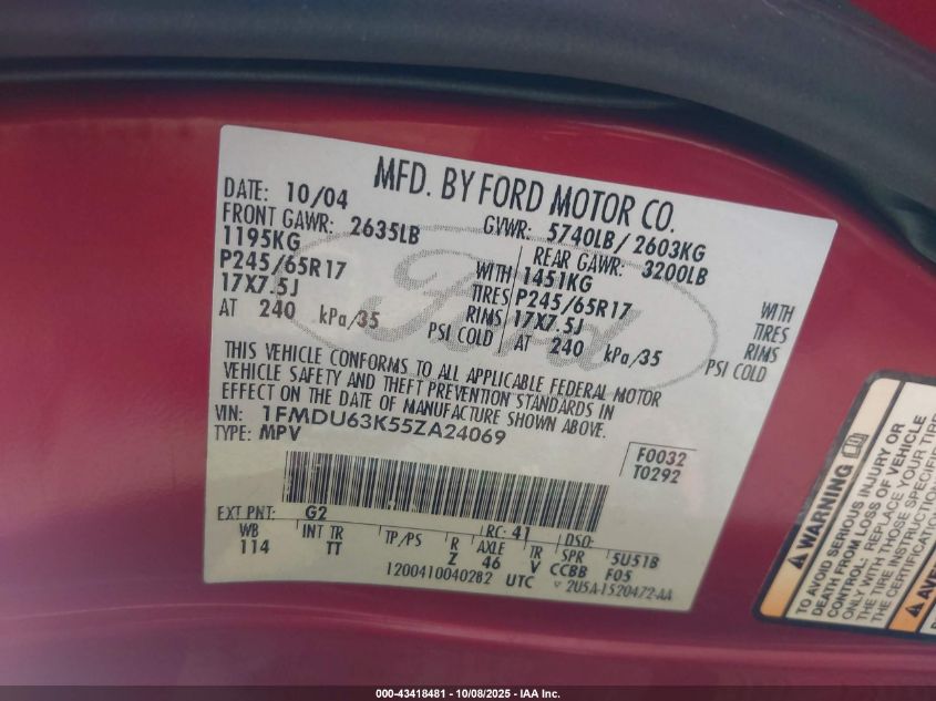 2005 Ford Explorer Xlt/Xlt Sport VIN: 1FMDU63K55ZA24069 Lot: 43418481