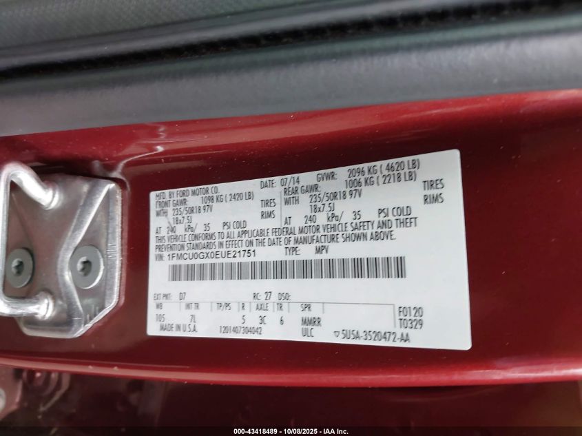 2014 Ford Escape Se VIN: 1FMCU0GX0EUE21751 Lot: 43418489