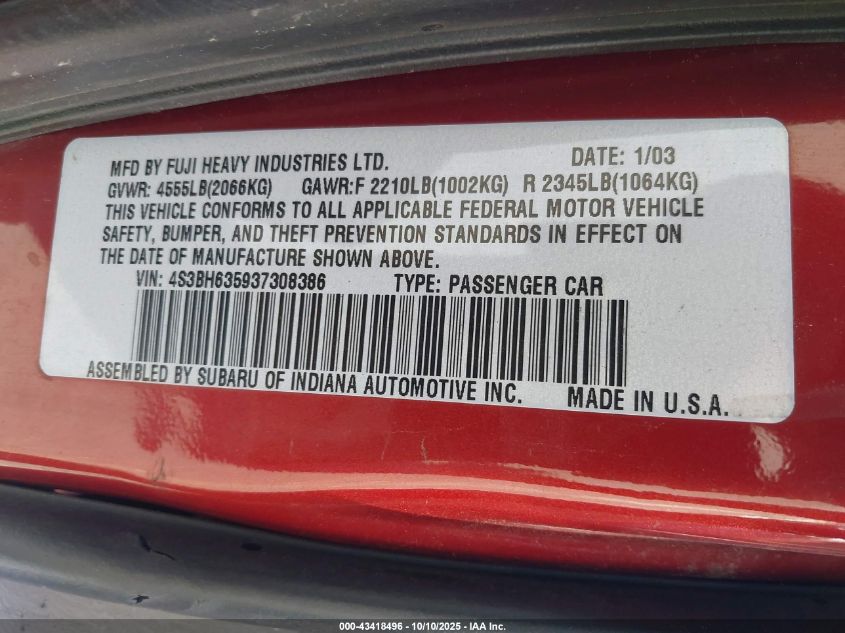 2003 Subaru Legacy L/L W/Special Edition Package VIN: 4S3BH635937308386 Lot: 43418496
