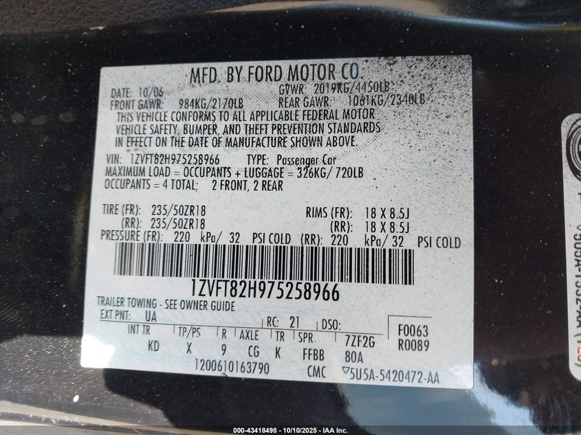 2007 Ford Mustang Gt Deluxe/Gt Premium VIN: 1ZVFT82H975258966 Lot: 43418498