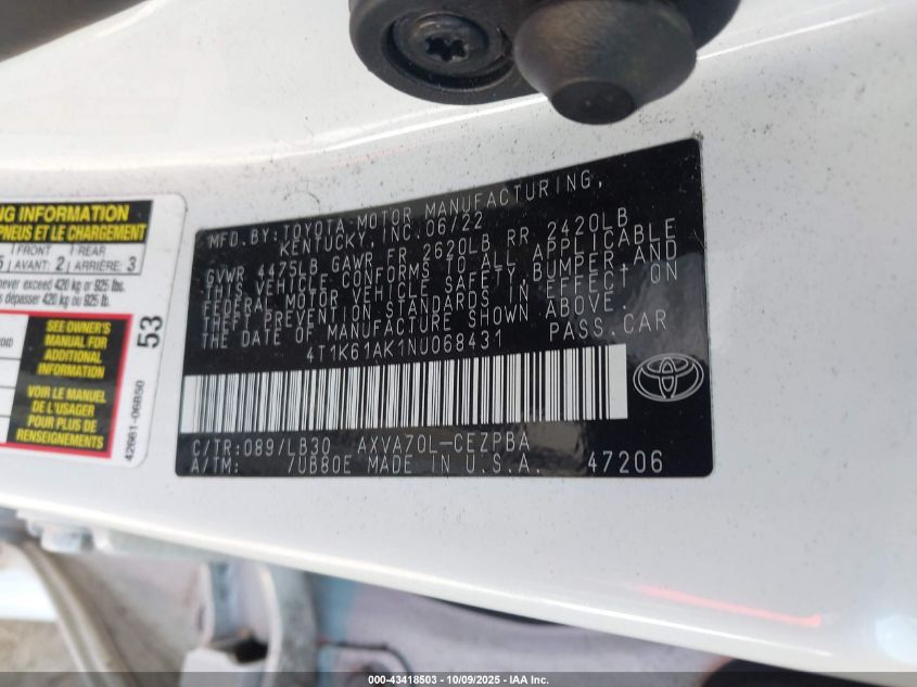 2022 Toyota Camry Xse VIN: 4T1K61AK1NU068431 Lot: 43418503