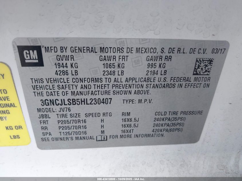 2017 Chevrolet Trax Lt VIN: 3GNCJLSB5HL230407 Lot: 43418508