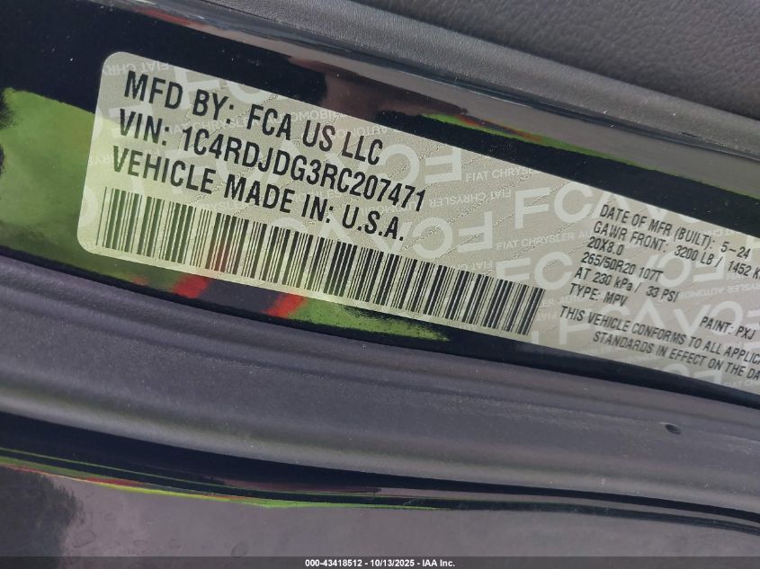 2024 Dodge Durango Gt Plus Awd VIN: 1C4RDJDG3RC207471 Lot: 43418512
