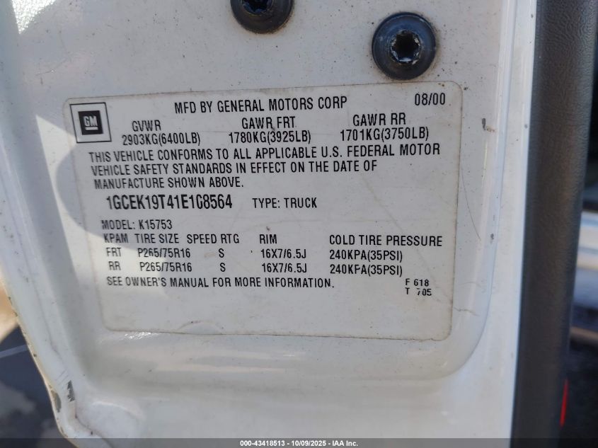 2001 Chevrolet Silverado 1500 Lt VIN: 1GCEK19T41E108564 Lot: 43418513