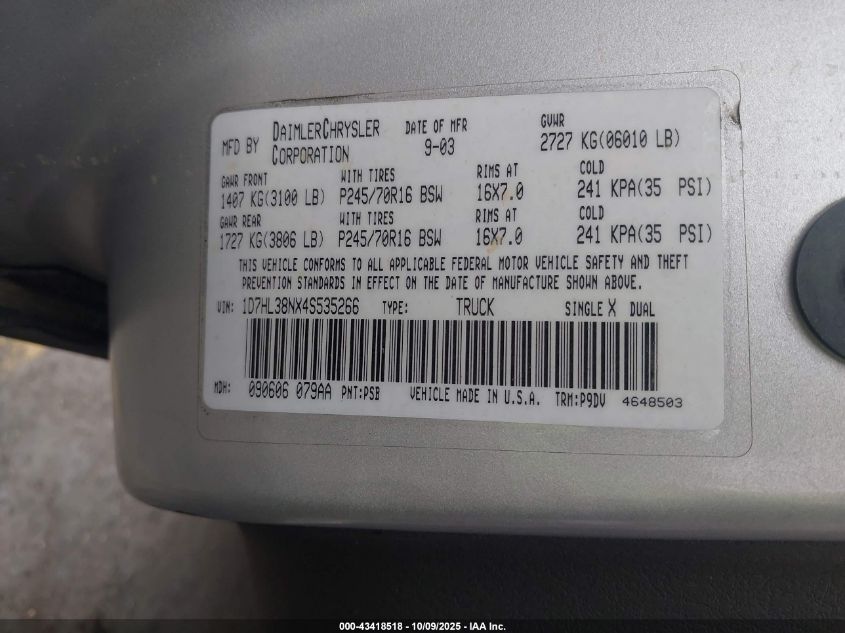 2004 Dodge Dakota Sport/Sxt VIN: 1D7HL38NX4S535266 Lot: 43418518