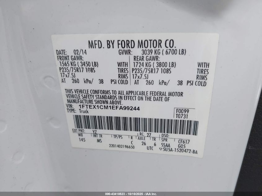 2014 Ford F-150 Xlt VIN: 1FTEX1CM1EFA99244 Lot: 43418523