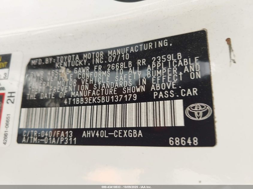 2011 Toyota Camry Hybrid VIN: 4T1BB3EK5BU137179 Lot: 43418533