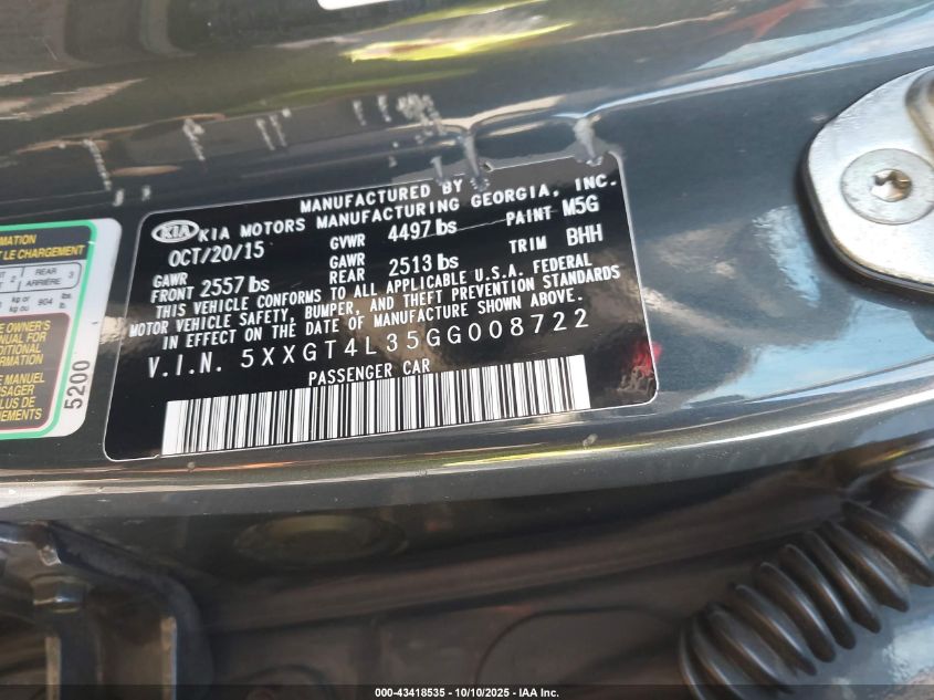 2016 Kia Optima Lx VIN: 5XXGT4L35GG008722 Lot: 43418535
