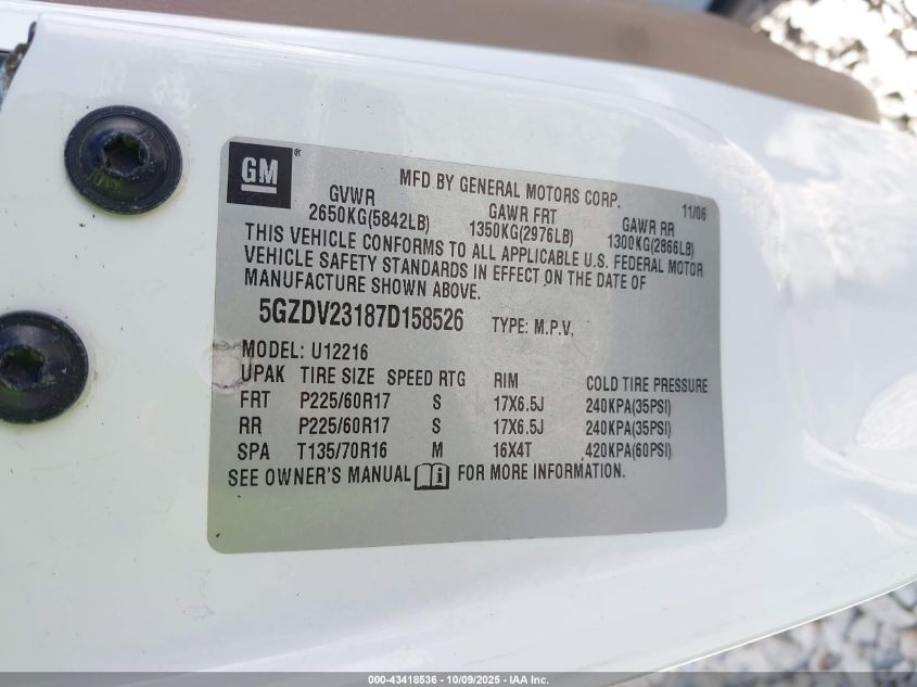 2007 Saturn Relay 3 VIN: 5GZDV23187D158526 Lot: 43418536