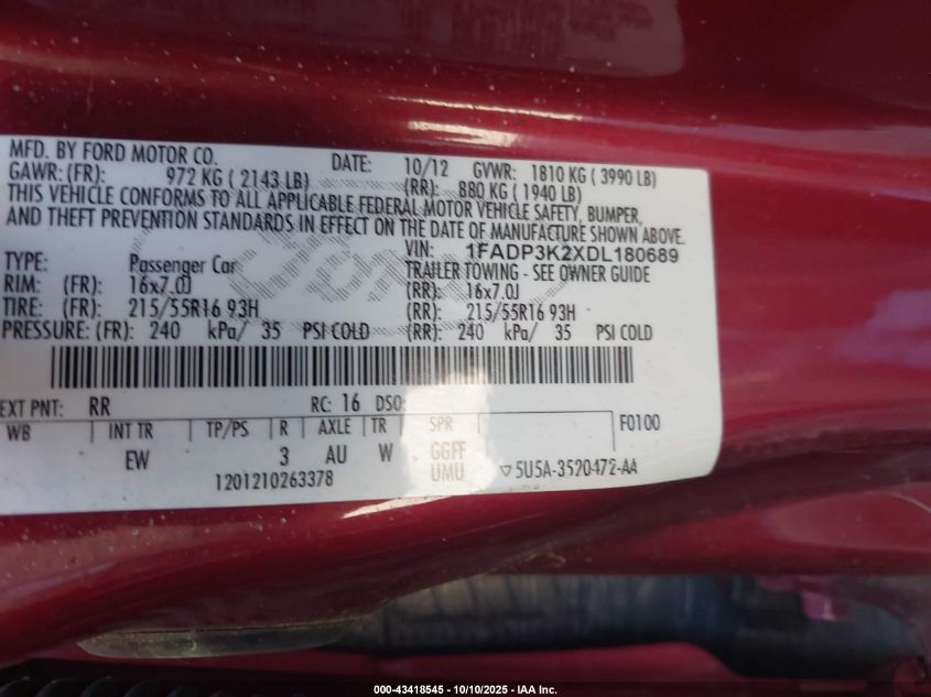 2013 Ford Focus Se VIN: 1FADP3K2XDL180689 Lot: 43418545