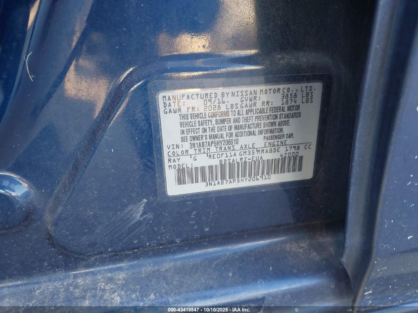 2017 Nissan Sentra Sr VIN: 3N1AB7AP5HY206910 Lot: 43418547