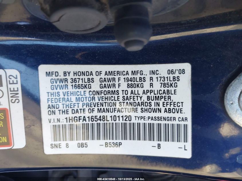 2008 Honda Civic Lx VIN: 1HGFA16548L101120 Lot: 43418548