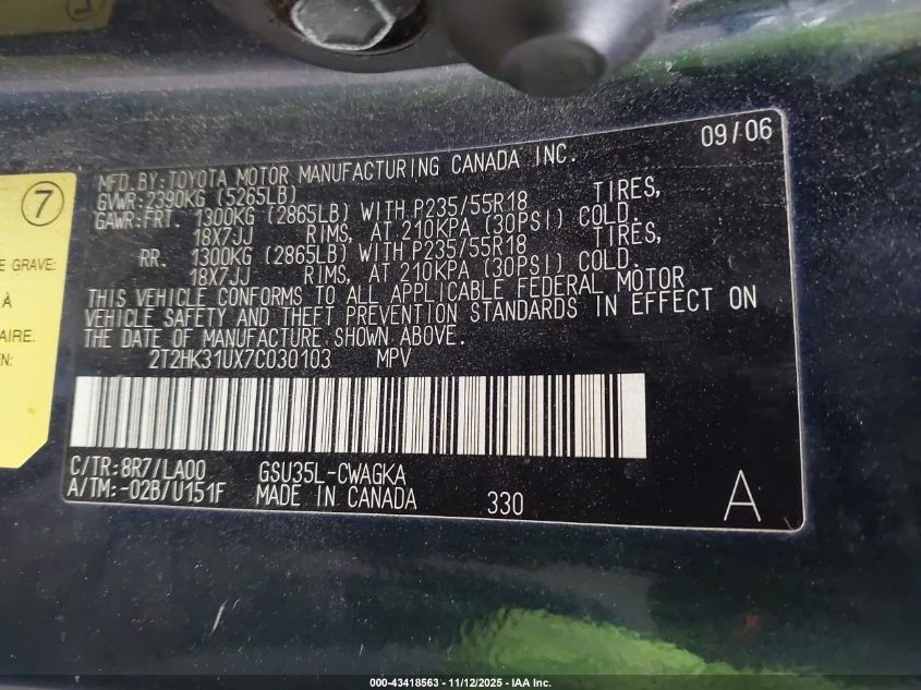 2007 Lexus Rx 350 VIN: 2T2HK31UX7C030103 Lot: 43418563