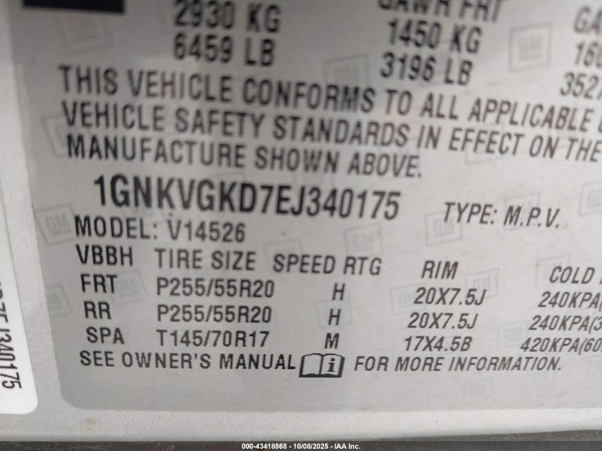 2014 Chevrolet Traverse 1Lt VIN: 1GNKVGKD7EJ340175 Lot: 43418568