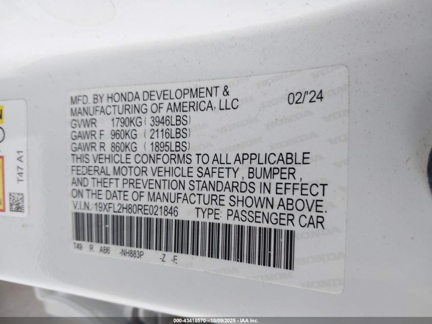 2024 Honda Civic Sport VIN: 19XFL2H80RE021846 Lot: 43418570