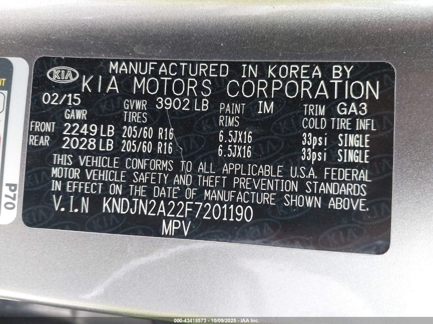 2015 Kia Soul VIN: KNDJN2A22F7201190 Lot: 43418573