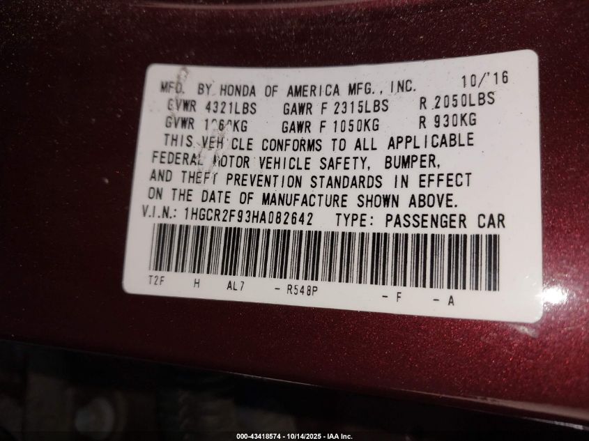 2017 Honda Accord Ex-L VIN: 1HGCR2F93HA082642 Lot: 43418574