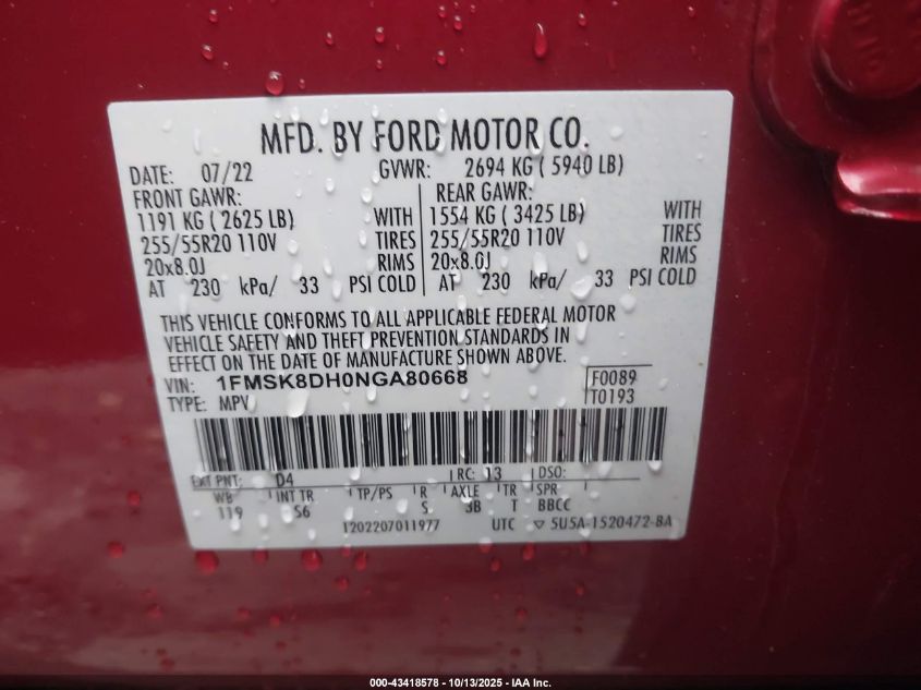 2022 Ford Explorer Xlt VIN: 1FMSK8DH0NGA80668 Lot: 43418578