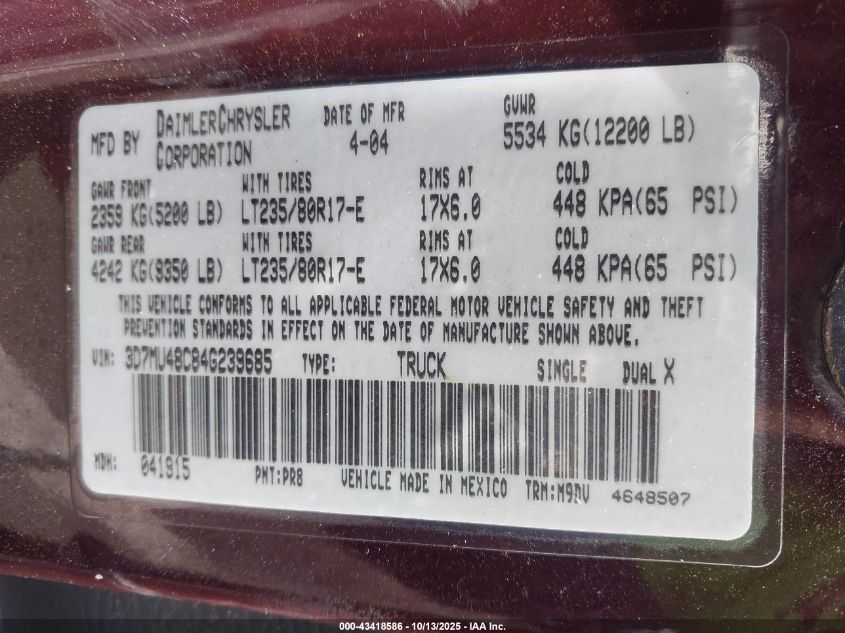 2004 Dodge Ram 3500 Slt/Laramie VIN: 3D7MU48C84G239685 Lot: 43418586